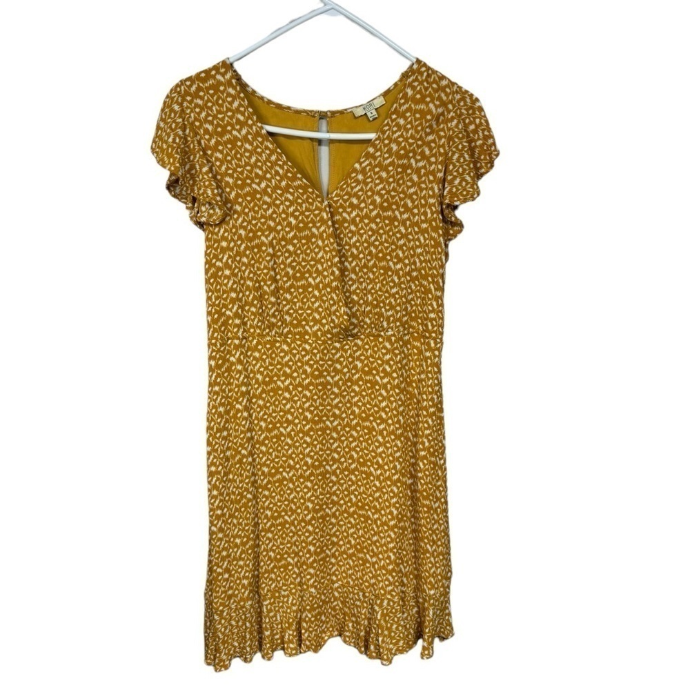 Kori America Faux Wrap Mini Dress Mustard Yellow Print Small